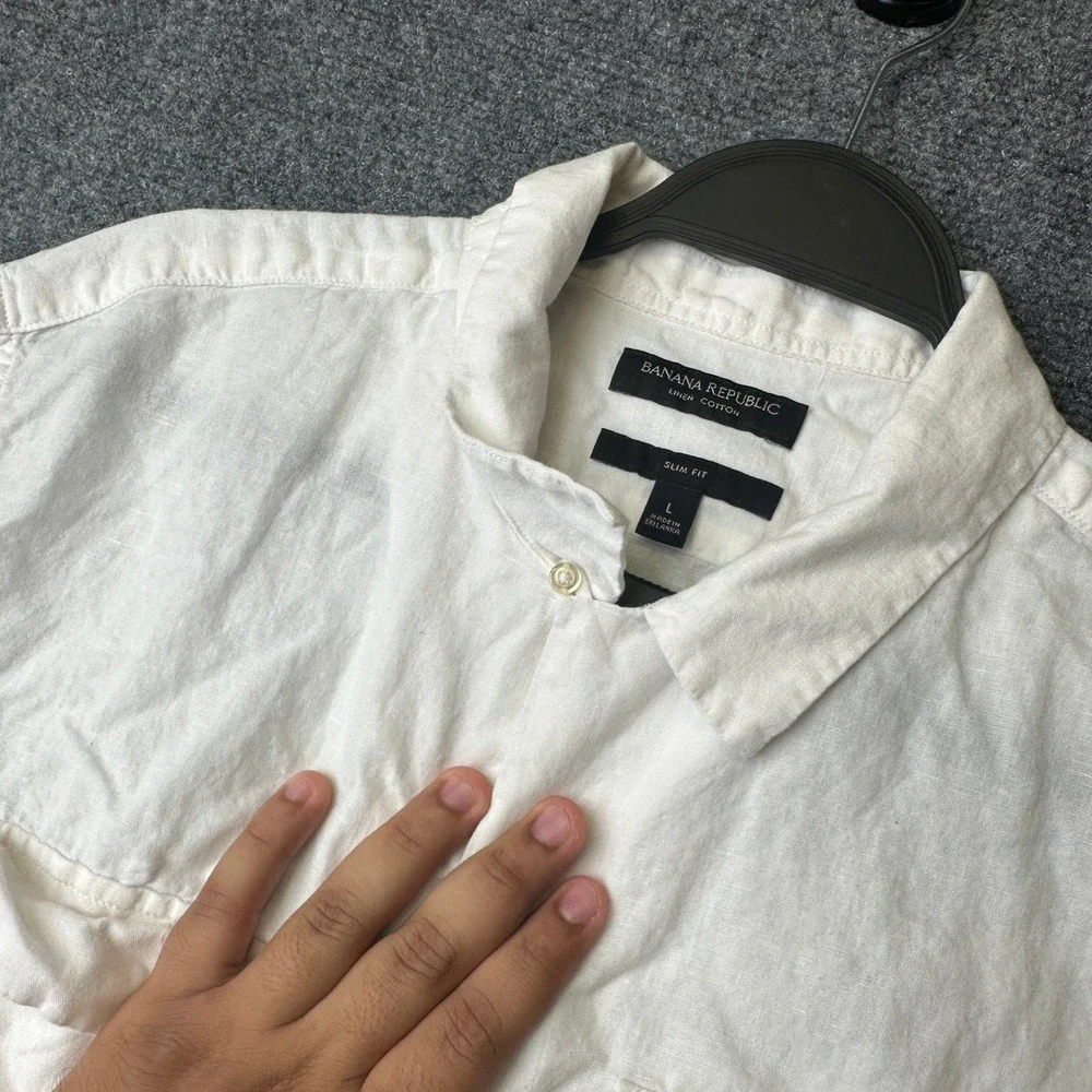 Banana Republic Shirt Mens Large White Linen Cotton Slim Fit Short Sleeve